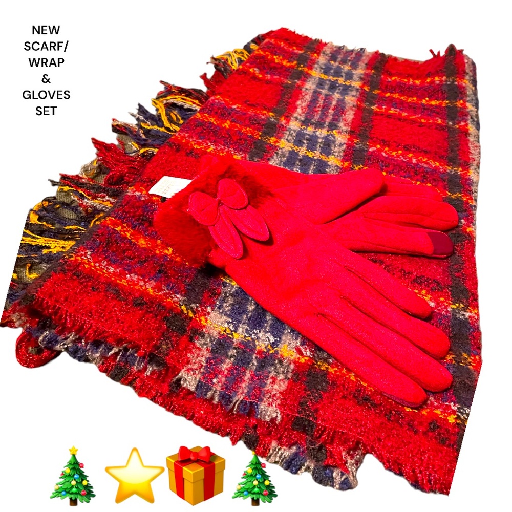 NEW 2 PIECE SET SOFT PLAID RED LONG SCARF/WRAP & SOFT BOW ADORNED RED GLOVES NWT